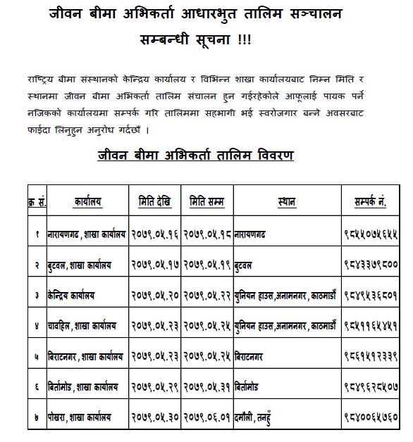 जीवन बीमा अभिकर्ता आधारभुत तालिम सञ्चालन सम्बन्धी सूचना !!!