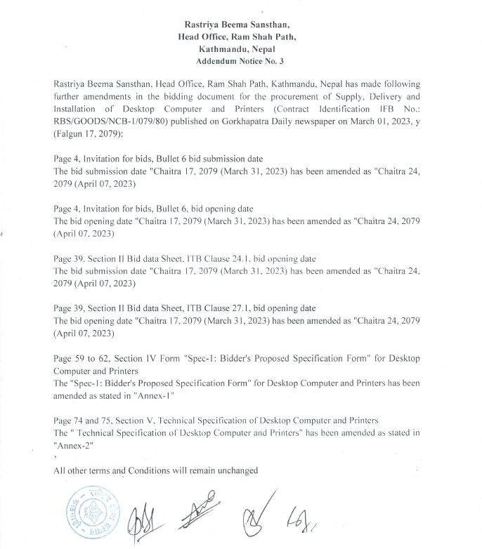 Amendment Notice For the procurement of Desktop Computer and Printers(Contract Identification IFB NO. RBS/GOODS/NCB-1/079/80 Published on gorkhapatra daily newspaper on march 01, 2023 y (Falgun 17, 2079)